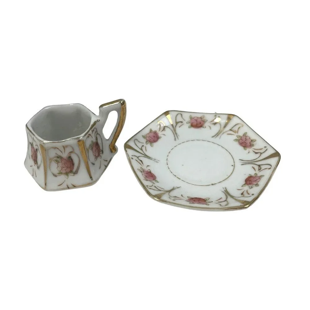 Vintage Small Gold Painted Pink Floral Unmarked Ceramic Teacup Saucer Set